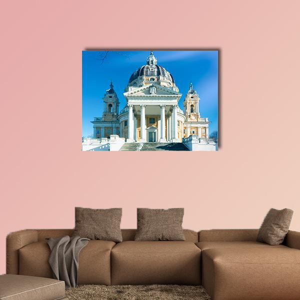 Basilica of Superga, Italy Canvas Wall Art in white, beige and blue, single panel hung on a wall
