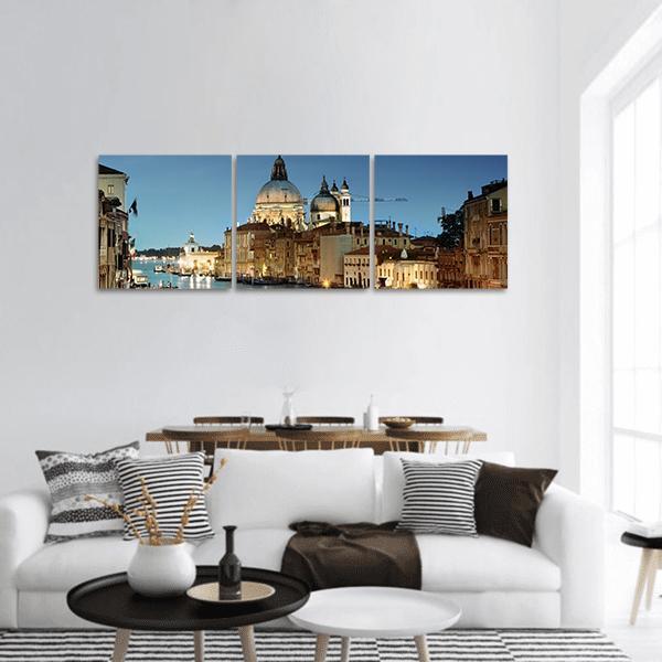 Venice Grand Canal with Santa Maria Della Salute Panoramic Canvas Wall Art in beige, brown and blue, hung on a wall