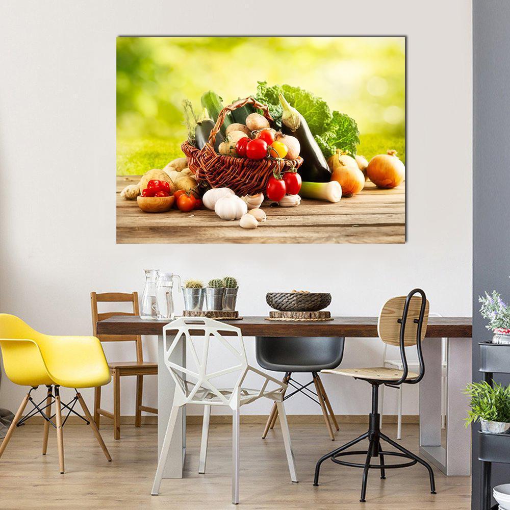 Basket of Fresh Vegetables Canvas Wall Art in brown, yellow and green, single panel hung on a wall