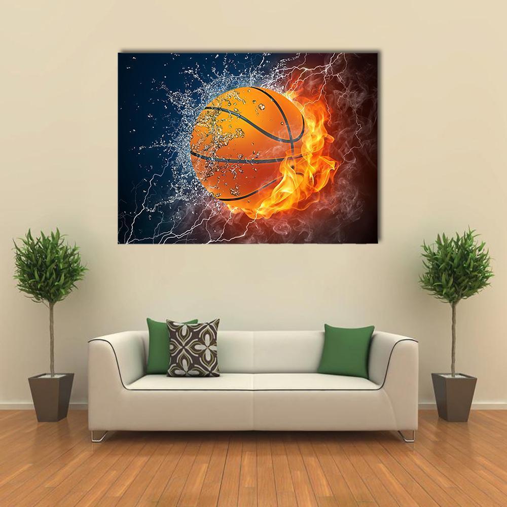 Flaming Basketball with Water and Lightning Canvas Wall Art in black, orange and blue, single panel hung on a wall