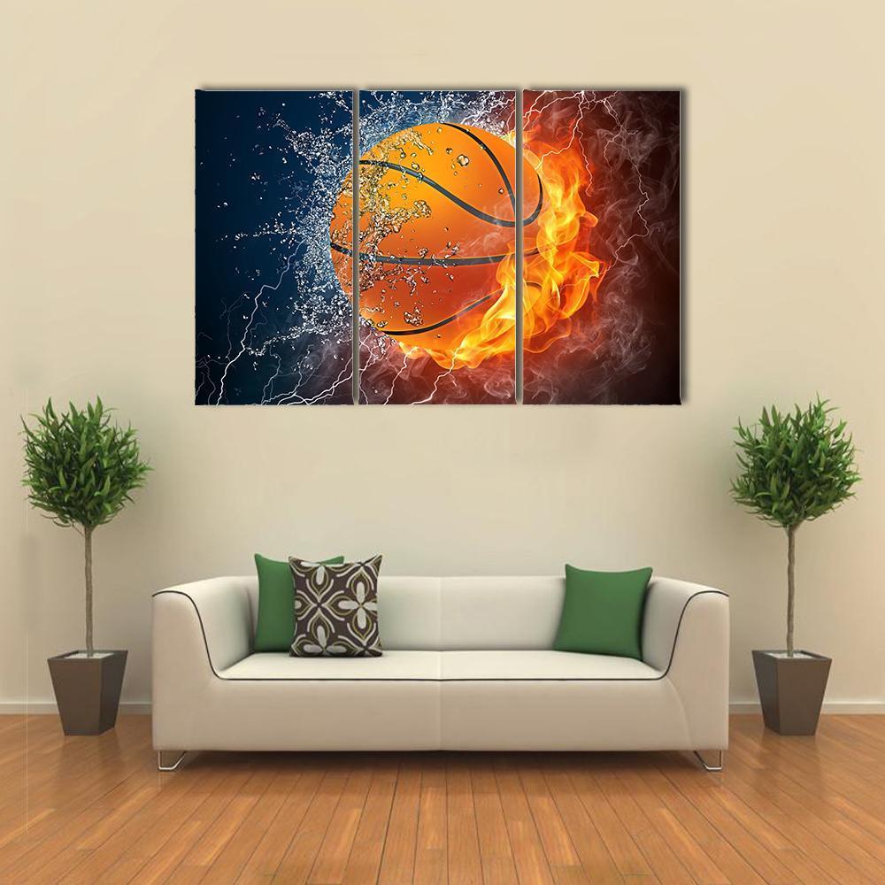 Basketball Ball On Fire Canvas Wall Art-3 Horizontal-Gallery Wrap-37&quot; x 24&quot;-Tiaracle