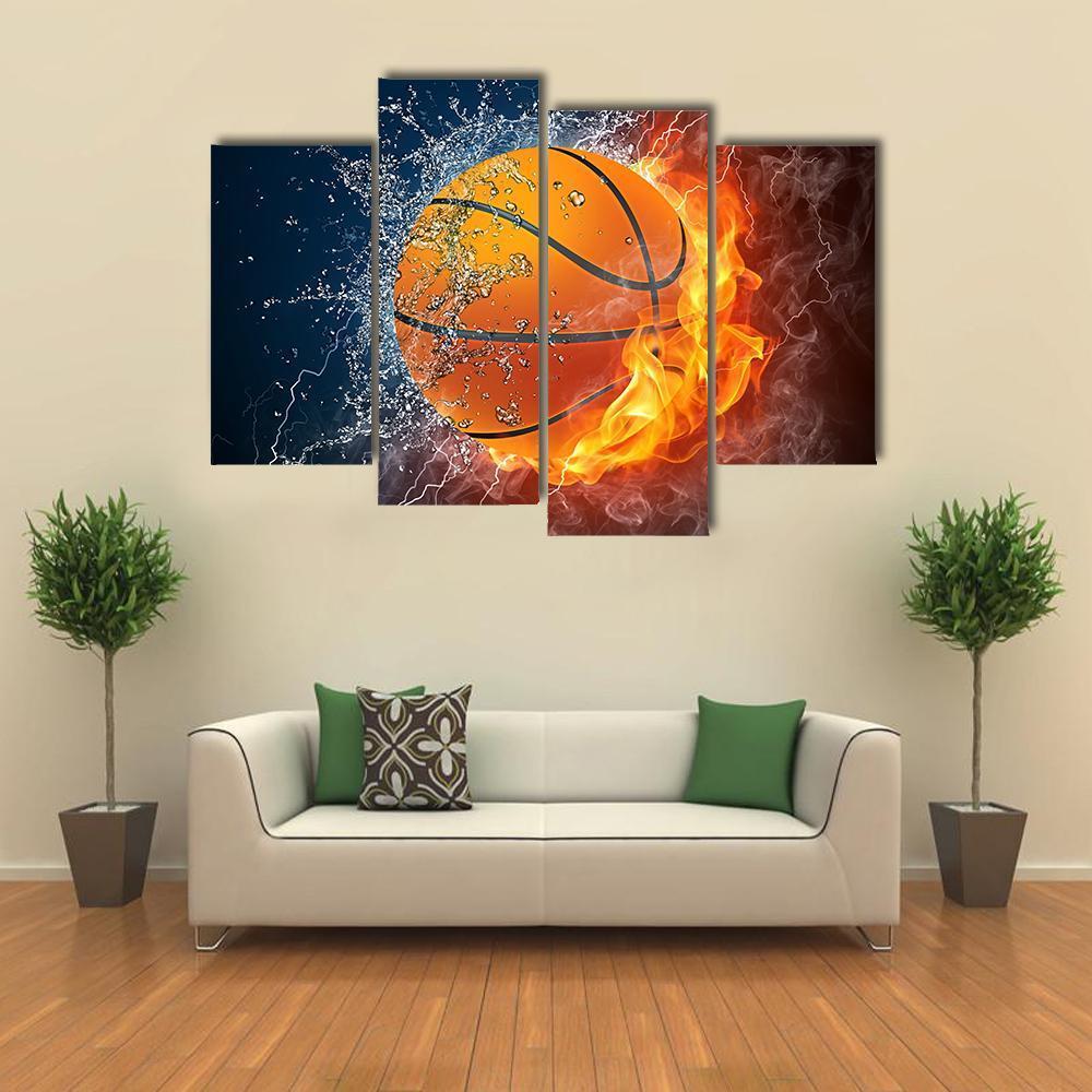 Basketball Ball On Fire Framed Wall Art Print - Blue/Orange - 1 Piece - 30\, image size:1000x1000