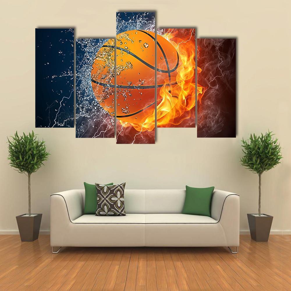 Basketball Ball On Fire Canvas Wall Art-5 Pop-Gallery Wrap-47&quot; x 32&quot;-Tiaracle