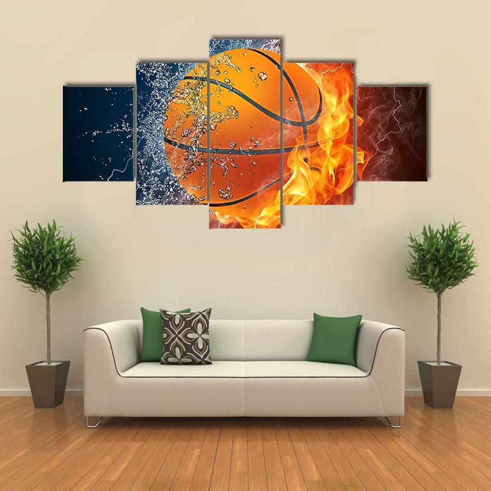 Basketball Ball On Fire Canvas Wall Art-5 Star-Gallery Wrap-62&quot; x 32&quot;-Tiaracle
