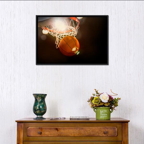 Basketball Going Through Basket Canvas Wall Art-1 Piece-Floating Frame-24&quot; x 16&quot;-Tiaracle
