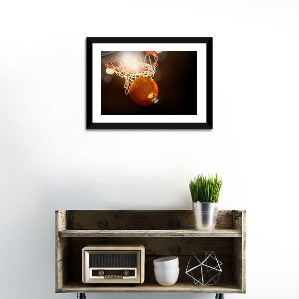 Basketball Going Through Basket Canvas Wall Art-1 Piece-Framed Print-20" x 16"-Tiaracle