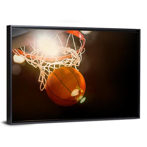 Basketball Going Through Basket Canvas Wall Art-3 Horizontal-Gallery Wrap-25&quot; x 16&quot;-Tiaracle