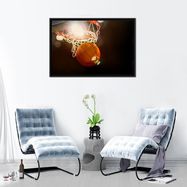 Basketball Going Through Basket Canvas Wall Art-5 Horizontal-Gallery Wrap-22&quot; x 12&quot;-Tiaracle
