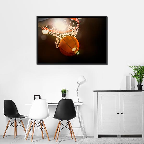 Basketball Going Through Basket Canvas Wall Art-3 Horizontal-Gallery Wrap-25&quot; x 16&quot;-Tiaracle