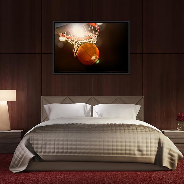 Basketball Going Through Basket Canvas Wall Art-3 Horizontal-Gallery Wrap-25&quot; x 16&quot;-Tiaracle