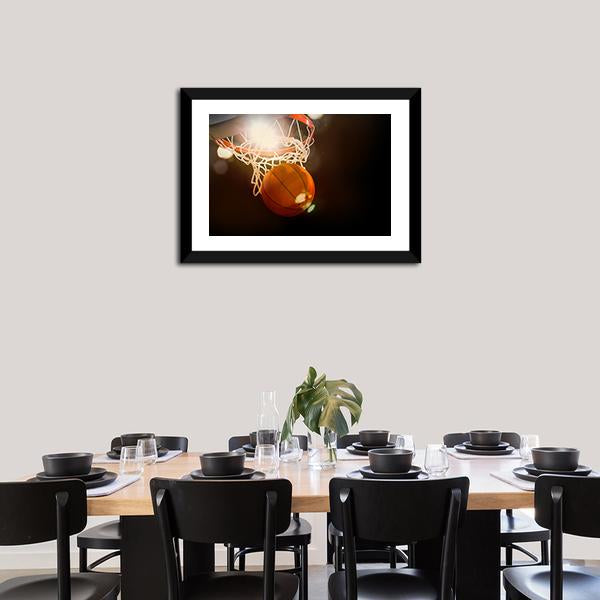 Basketball Going Through Basket Canvas Wall Art-3 Horizontal-Gallery Wrap-25&quot; x 16&quot;-Tiaracle