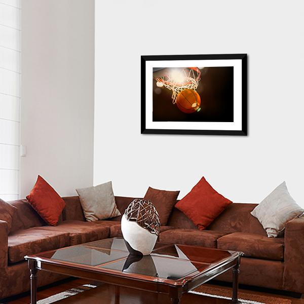 Basketball Going Through Basket Canvas Wall Art-3 Horizontal-Gallery Wrap-25&quot; x 16&quot;-Tiaracle