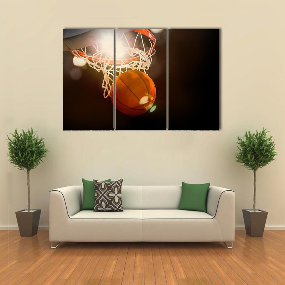 Basketball Going Through Basket Canvas Wall Art-3 Horizontal-Gallery Wrap-37" x 24"-Tiaracle