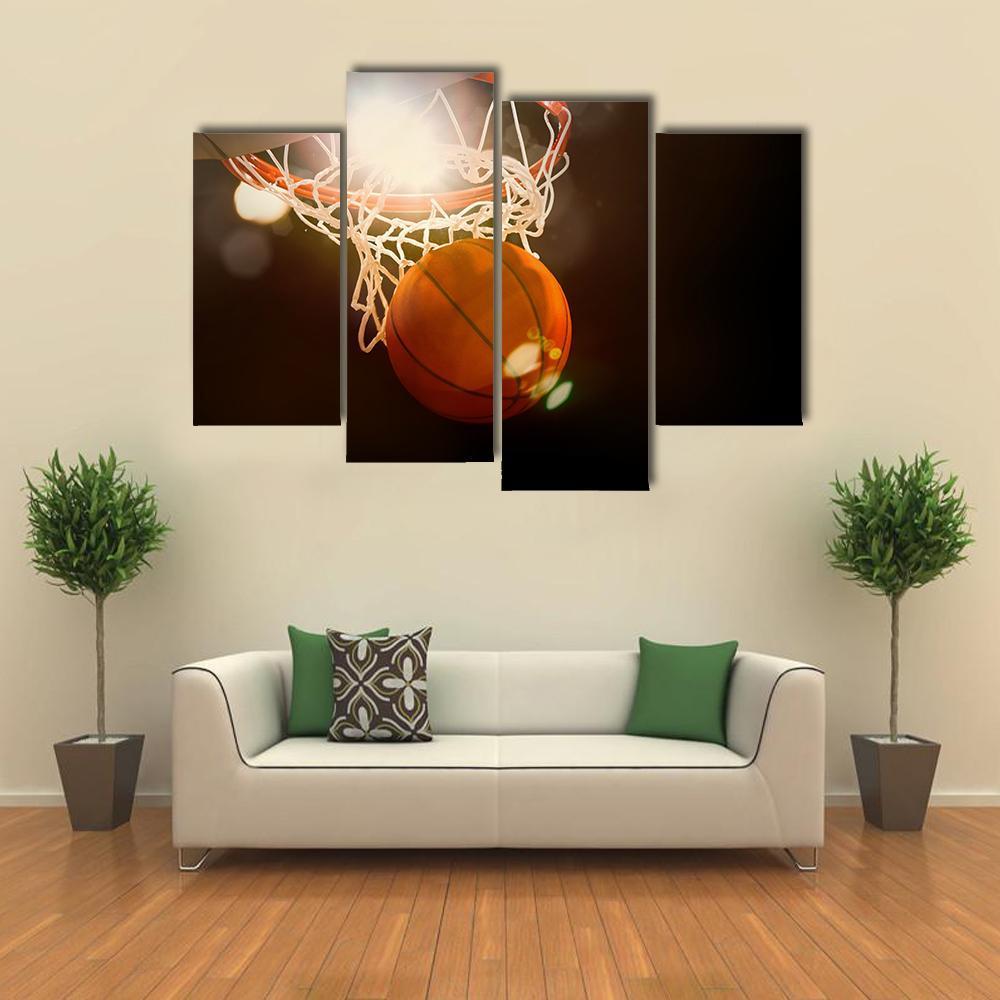 Basketball Going Through Basket Canvas Wall Art-4 Pop-Gallery Wrap-50&quot; x 32&quot;-Tiaracle