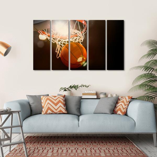 Basketball Going Through Basket Canvas Wall Art-5 Horizontal-Gallery Wrap-22&quot; x 12&quot;-Tiaracle