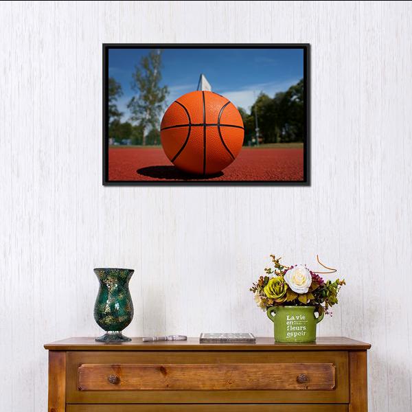 Basketball On Outdoor Court Canvas Wall Art-1 Piece-Floating Frame-24" x 16"-Tiaracle