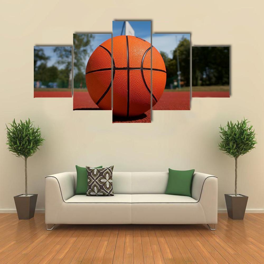 Basketball On Outdoor Court Canvas Wall Art-5 Star-Gallery Wrap-62" x 32"-Tiaracle