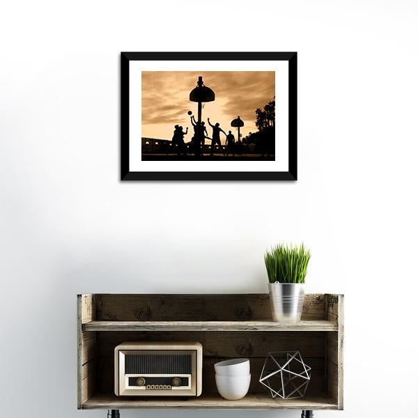 Basketball Players At Sunset Canvas Wall Art-1 Piece-Framed Print-20" x 16"-Tiaracle