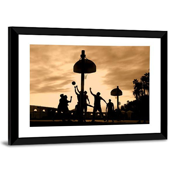Basketball Players At Sunset Canvas Wall Art-3 Horizontal-Gallery Wrap-25" x 16"-Tiaracle