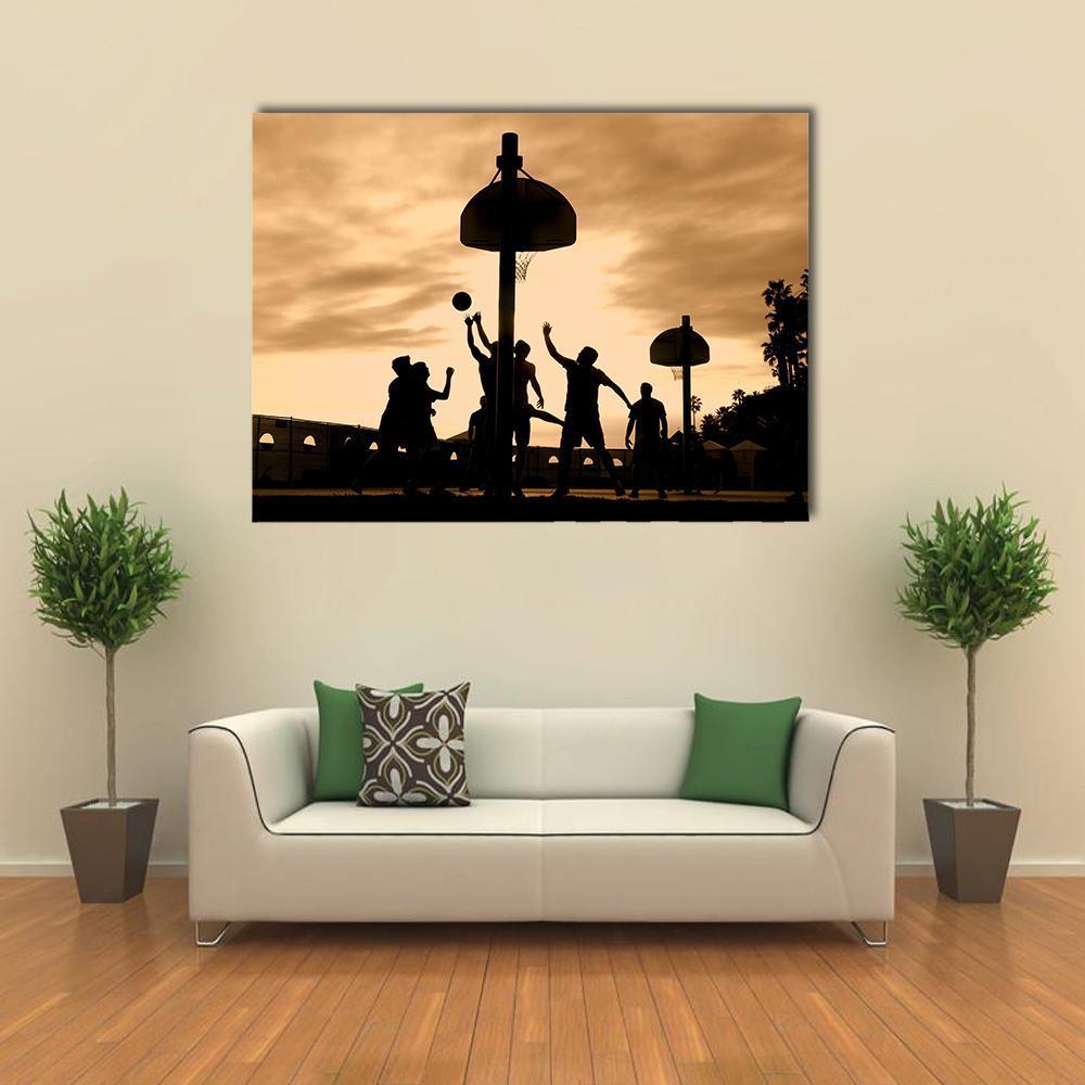 Basketball Players At Sunset Canvas Wall Art-1 Piece-Gallery Wrap-48" x 32"-Tiaracle