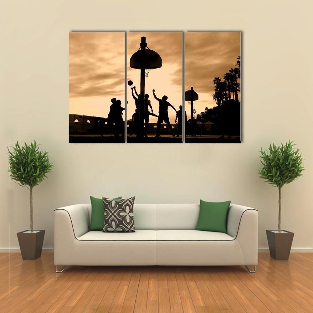 Basketball Players At Sunset Canvas Wall Art-3 Horizontal-Gallery Wrap-37" x 24"-Tiaracle