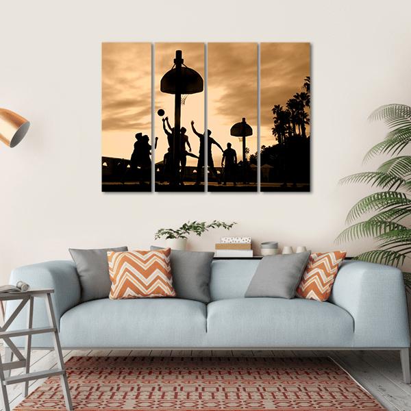 Basketball Players At Sunset Canvas Wall Art-4 Horizontal-Gallery Wrap-34" x 24"-Tiaracle