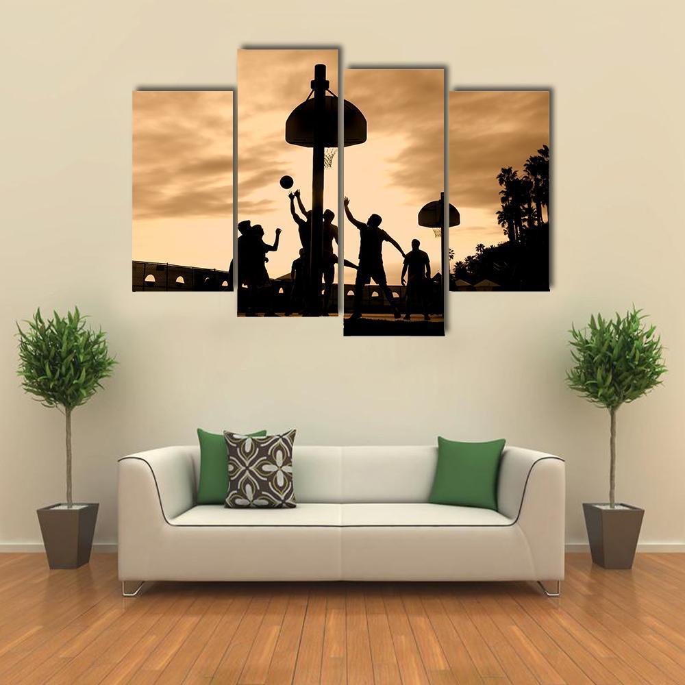 Basketball Players At Sunset Canvas Wall Art-4 Pop-Gallery Wrap-50" x 32"-Tiaracle