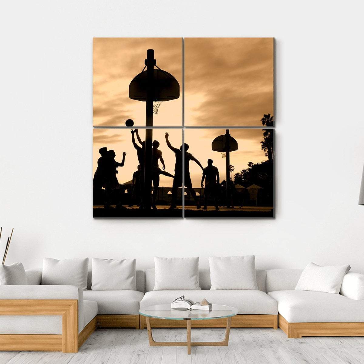 Basketball Players At Sunset Canvas Wall Art-4 Square-Gallery Wrap-17" x 17"-Tiaracle