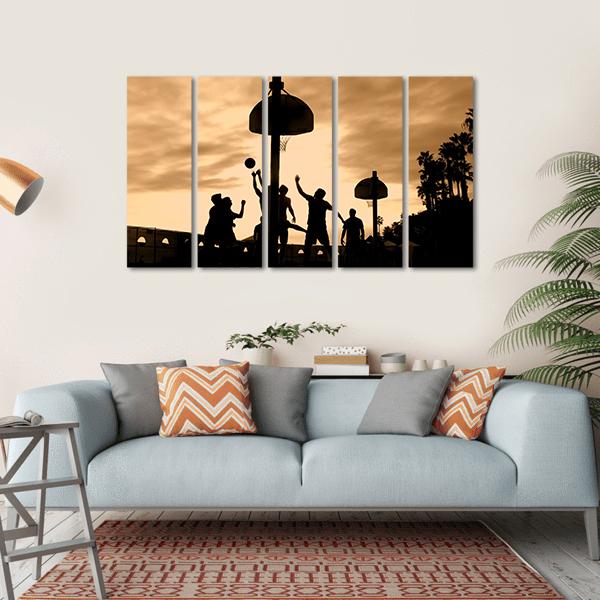 Basketball Players At Sunset Canvas Wall Art-5 Horizontal-Gallery Wrap-22" x 12"-Tiaracle