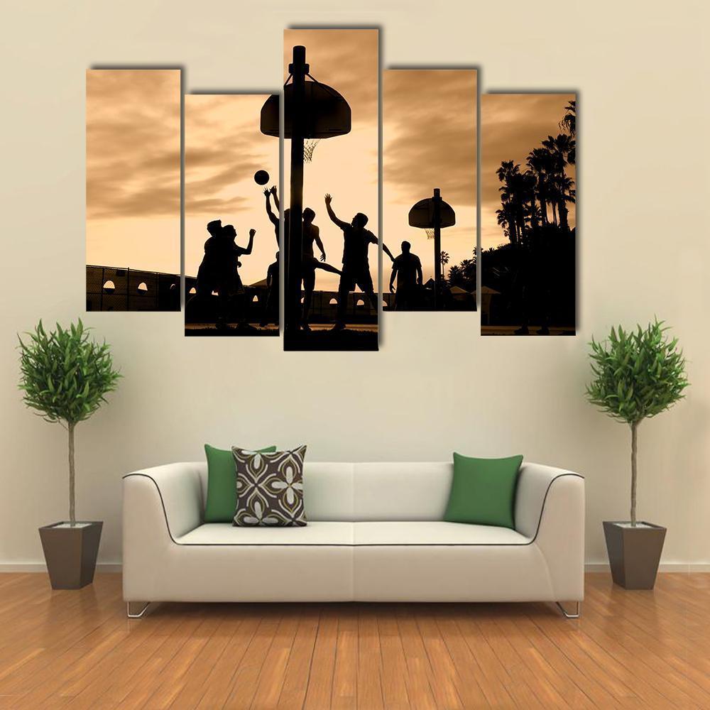 Basketball Players At Sunset Canvas Wall Art-5 Pop-Gallery Wrap-47" x 32"-Tiaracle