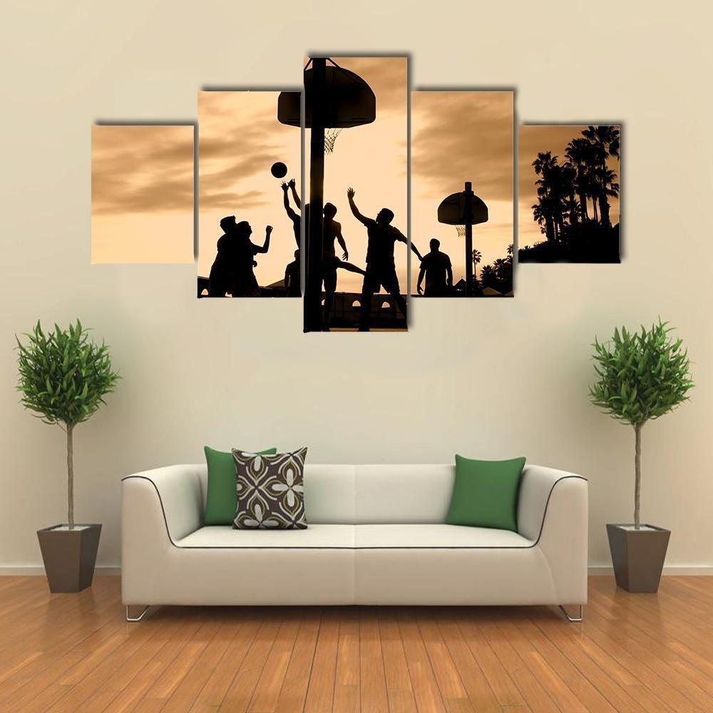 Basketball Players At Sunset Canvas Wall Art-3 Horizontal-Gallery Wrap-37" x 24"-Tiaracle
