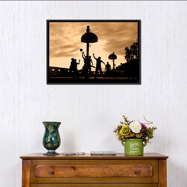 Basketball Players At Sunset Canvas Wall Art-1 Piece-Floating Frame-24" x 16"-Tiaracle