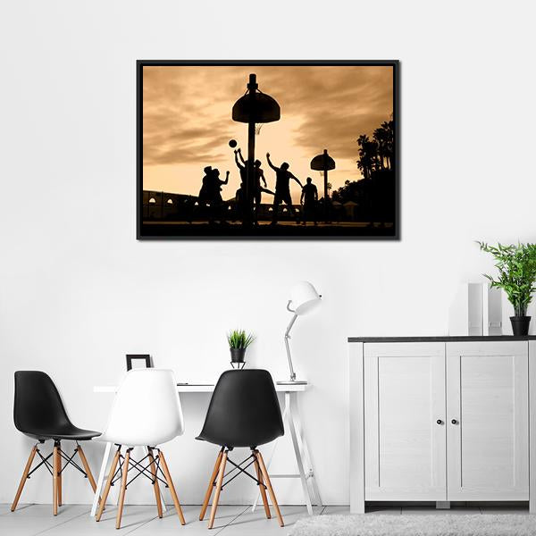 Basketball Players At Sunset Canvas Wall Art-5 Horizontal-Gallery Wrap-22" x 12"-Tiaracle
