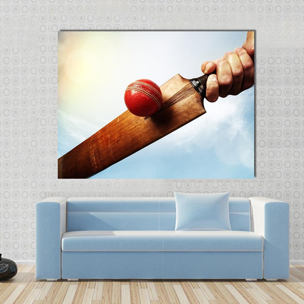 Batsman Hitting a Ball Canvas Wall Art in white, brown and blue, single panel hung on a wall