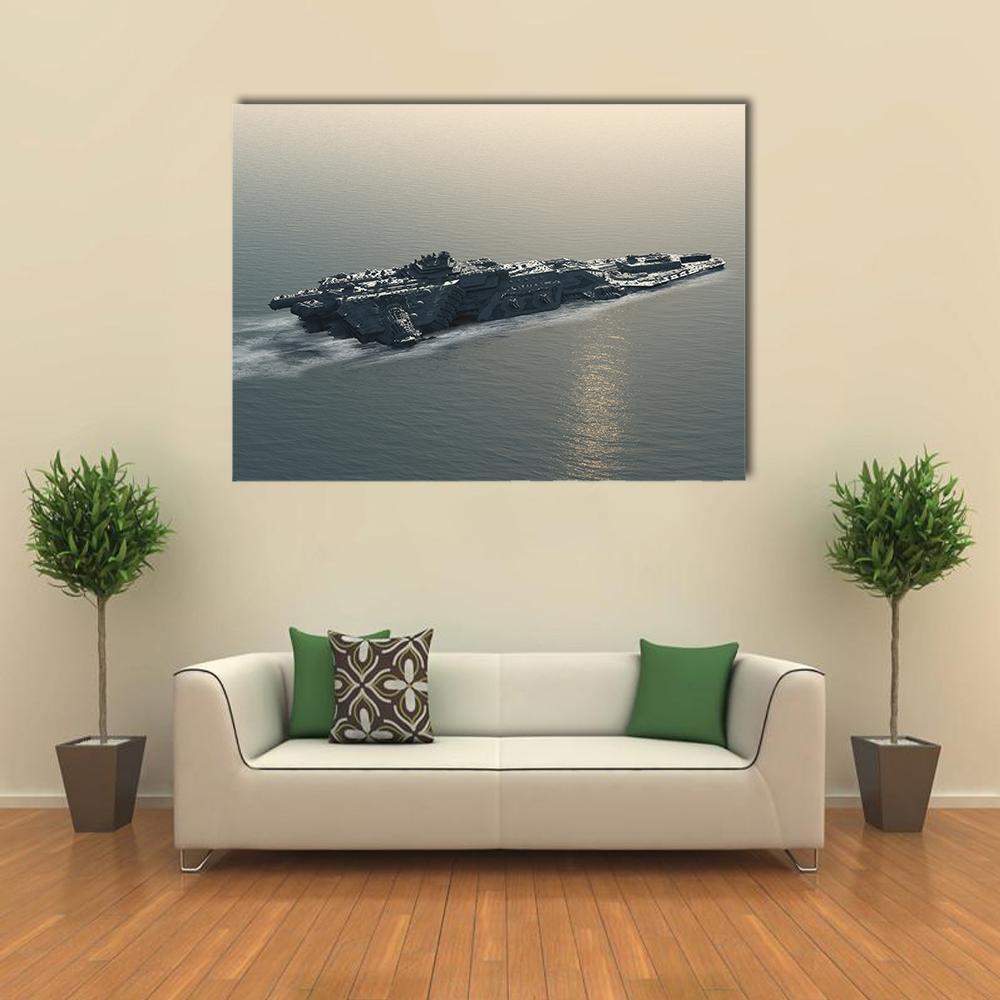 Dark Gray Spaceship at Sea Canvas Wall Art in black and gray, single panel hung on a wall