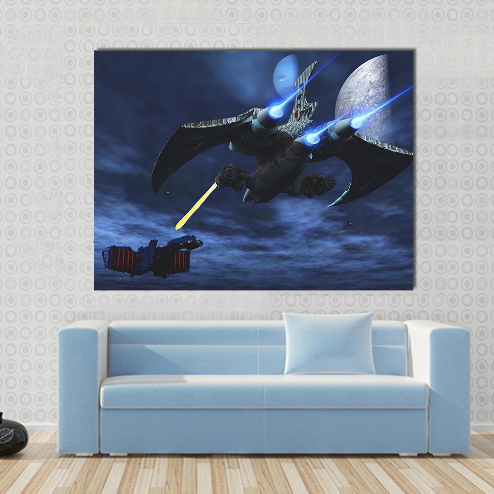 Spaceships Battle in Futuristic Space Canvas Wall Art in black and blue, single panel hung on a wall