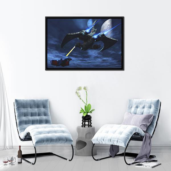 Spaceships Battle in Futuristic Space Canvas Wall Art in black and blue, framed canvas, product view on a white background