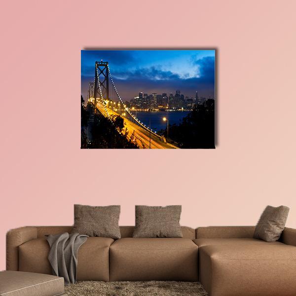 Bay Bridge With San Francisco City Canvas Wall Art-4 Horizontal-Gallery Wrap-34" x 24"-Tiaracle
