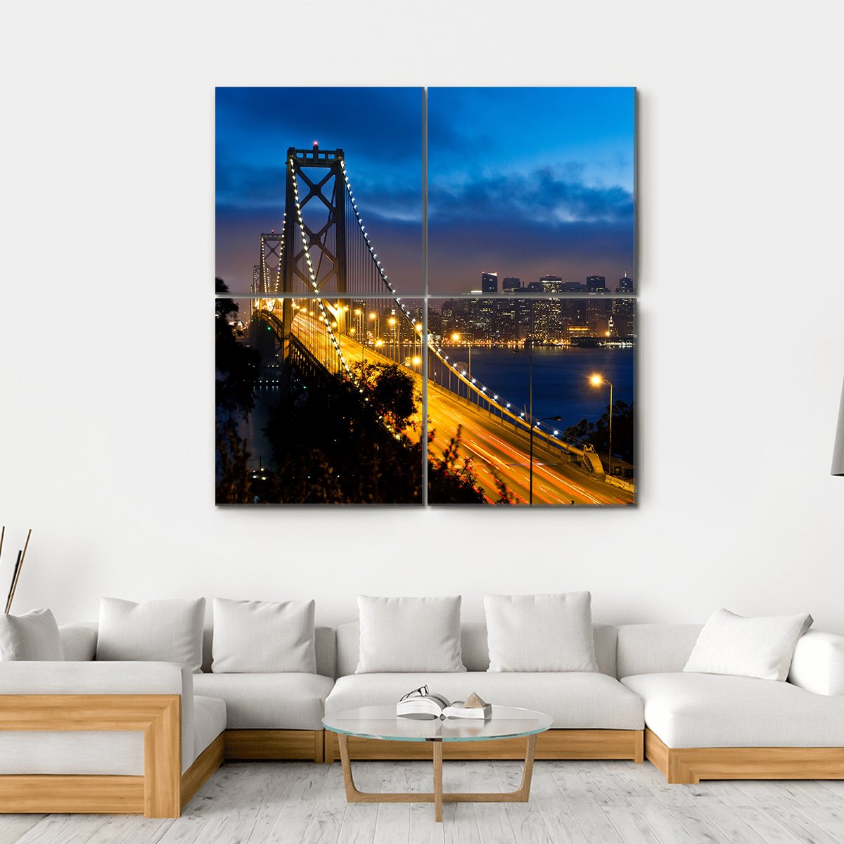Bay Bridge With San Francisco City Canvas Wall Art-4 Square-Gallery Wrap-17" x 17"-Tiaracle