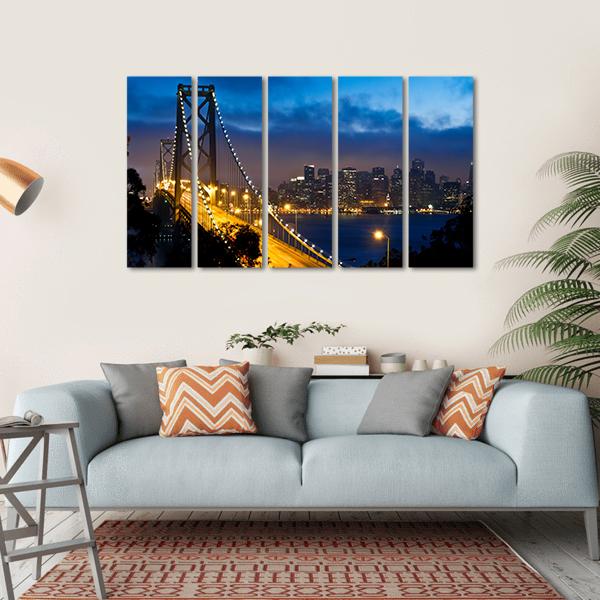 Bay Bridge With San Francisco City Canvas Wall Art-5 Horizontal-Gallery Wrap-22" x 12"-Tiaracle