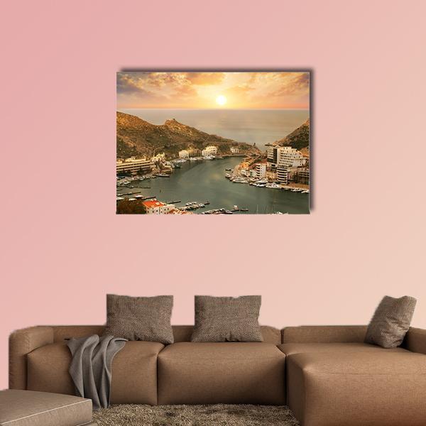 Balaklava Bay at Sunset Canvas Wall Art in brown, orange and yellow, single panel hung on a wall