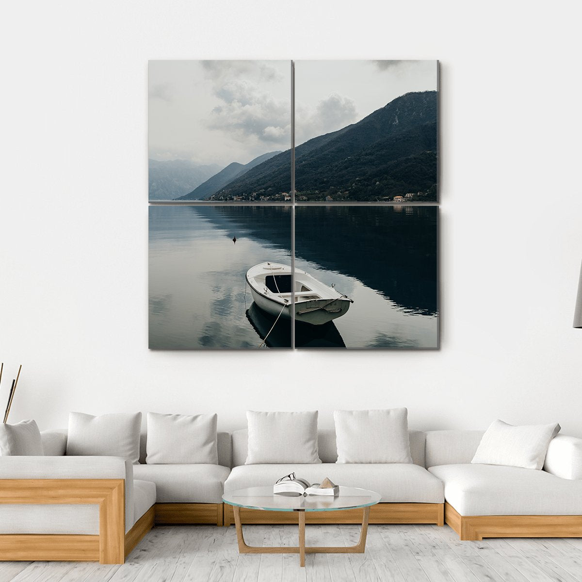 Bay Of Kotor & Boat Canvas Wall Art-4 Square-Gallery Wrap-17" x 17"-Tiaracle