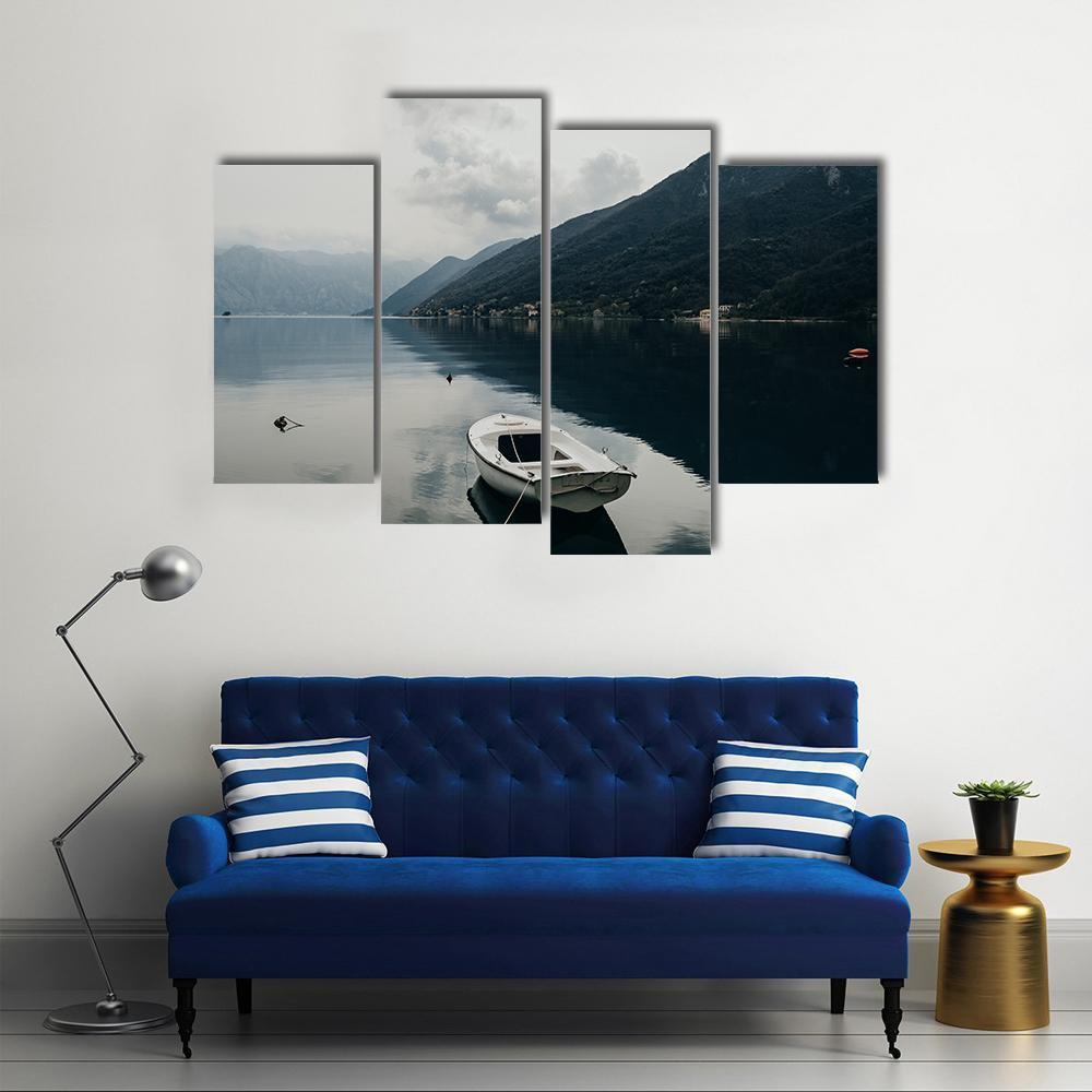 Bay Of Kotor & Boat Canvas Wall Art-4 Pop-Gallery Wrap-50" x 32"-Tiaracle