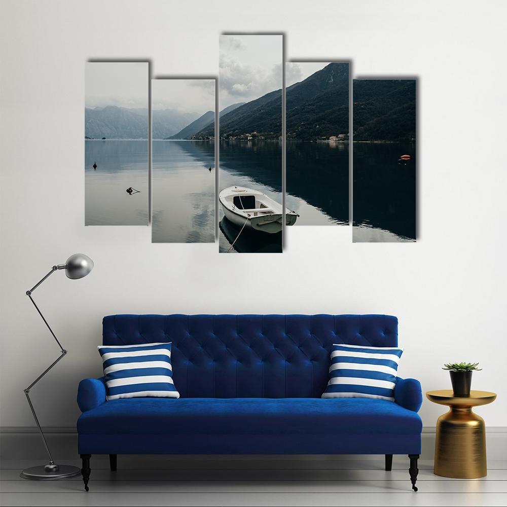 Bay Of Kotor & Boat Canvas Wall Art-5 Pop-Gallery Wrap-47" x 32"-Tiaracle