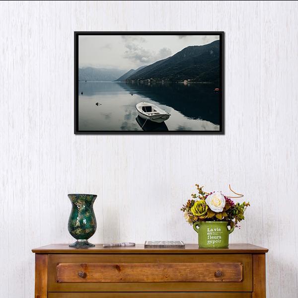 Bay Of Kotor & Boat Canvas Wall Art-1 Piece-Floating Frame-24" x 16"-Tiaracle