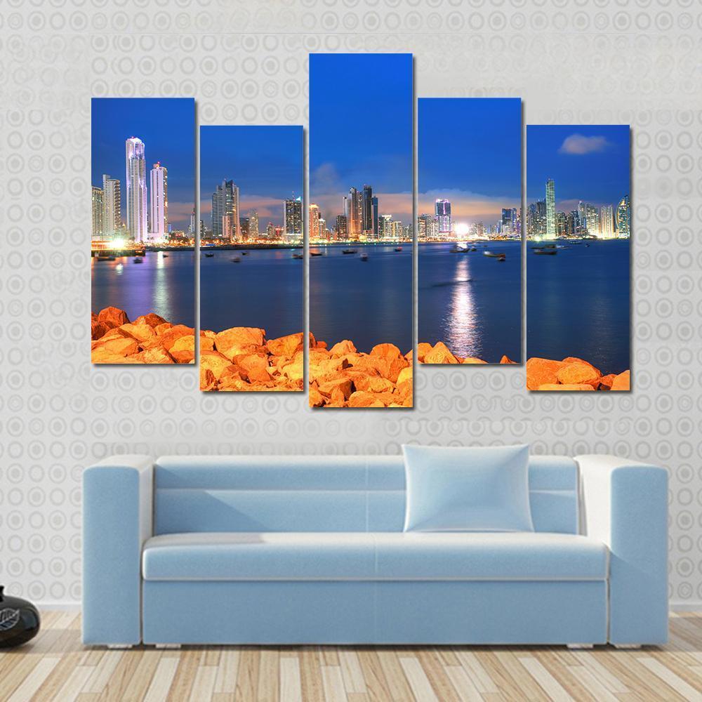 Bay Of Panama In Sunset Canvas Wall Art-5 Pop-Gallery Wrap-47" x 32"-Tiaracle