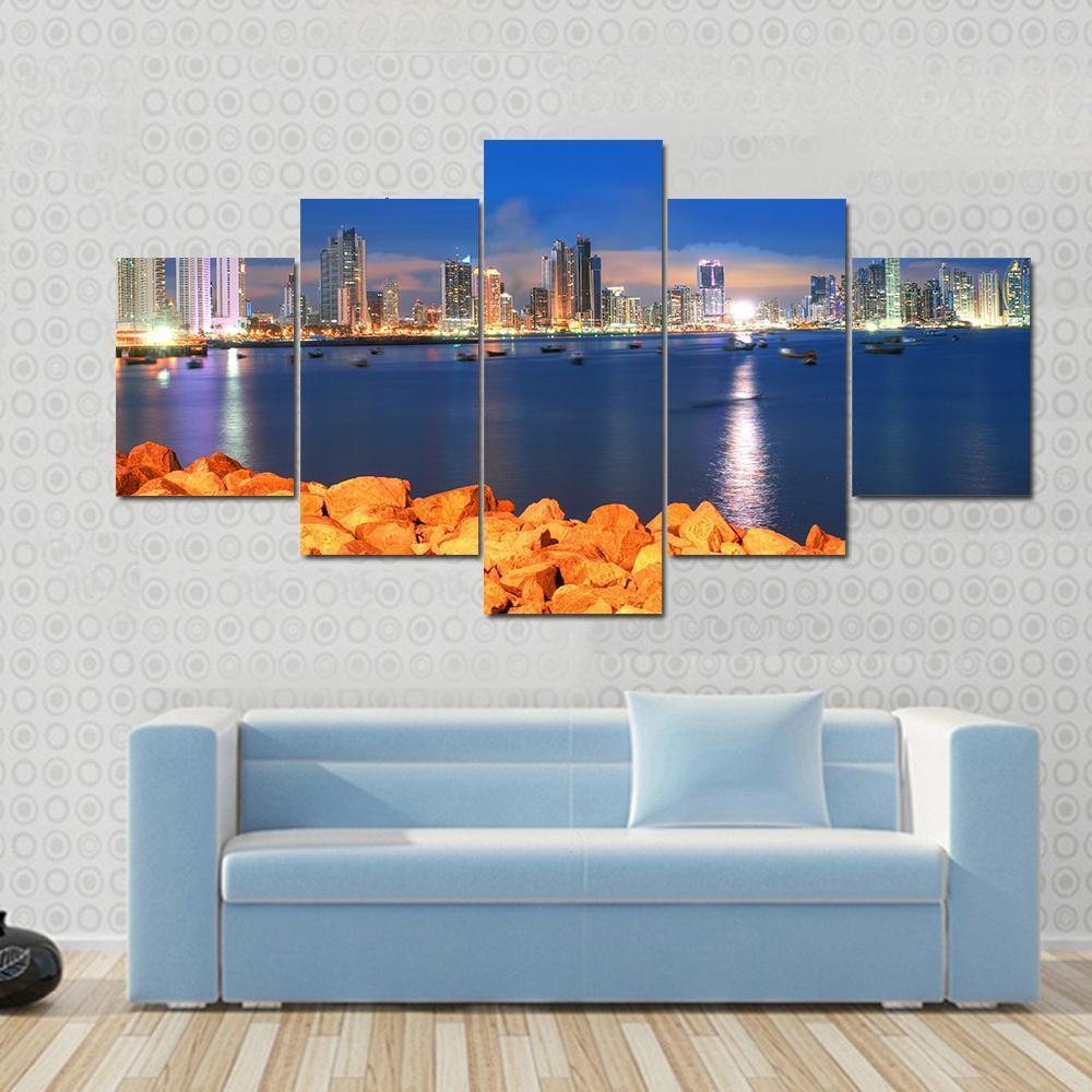 Bay Of Panama In Sunset Canvas Wall Art-5 Star-Gallery Wrap-62" x 32"-Tiaracle