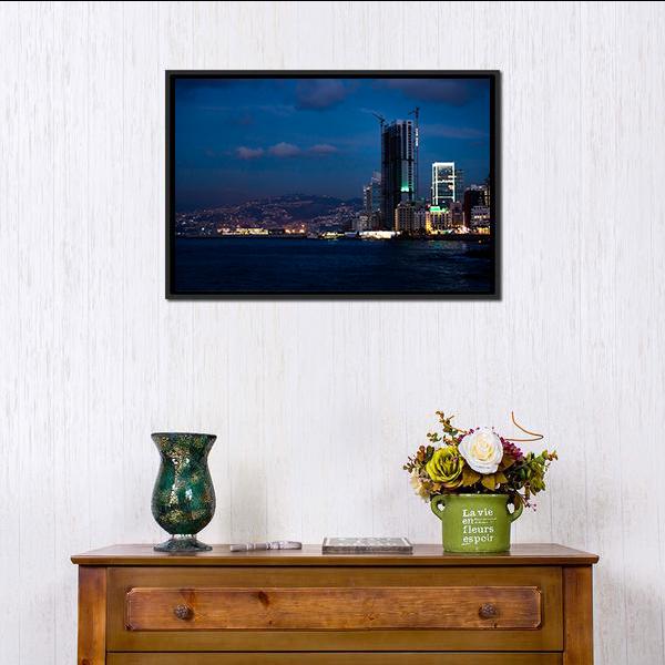 Bay With Skyscraper Lebanon Canvas Wall Art-1 Piece-Floating Frame-24" x 16"-Tiaracle