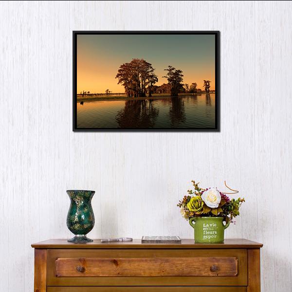 Bayou Cypress Trees at Sunset Canvas Wall Art in brown, orange and blue, framed canvas, product view on a white background
