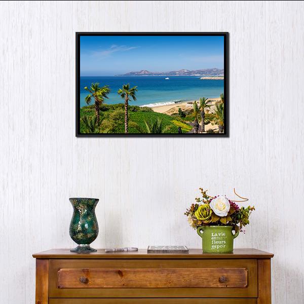 Tropical Beach with Palm Trees and Sailboat Canvas Wall Art in beige, green and blue, framed canvas, product view on a white background